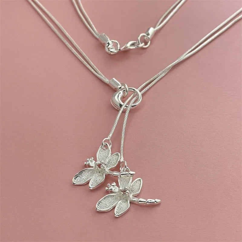 925 Sterling Silver Two Dragonfly Pendant Necklace for Women Snake Chain Necklace Jewelry