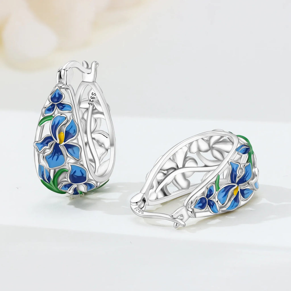 New S925 Sterling Silver Pure Zircon Blue Purple Flower Iris Earrings Fine Jewelry