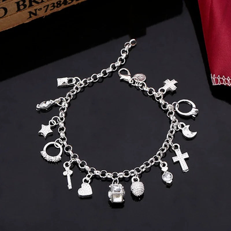 New 925 Sterling Silver 13Pcs Charm Bracelet Fine Jewelry