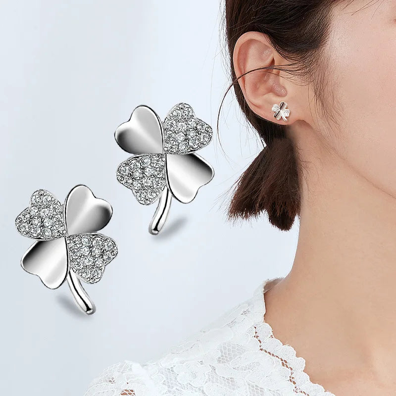 New 925 Sterling Silver Zircon Lucky 4 Leaf Clover Stud Earrings Fine Jewelry