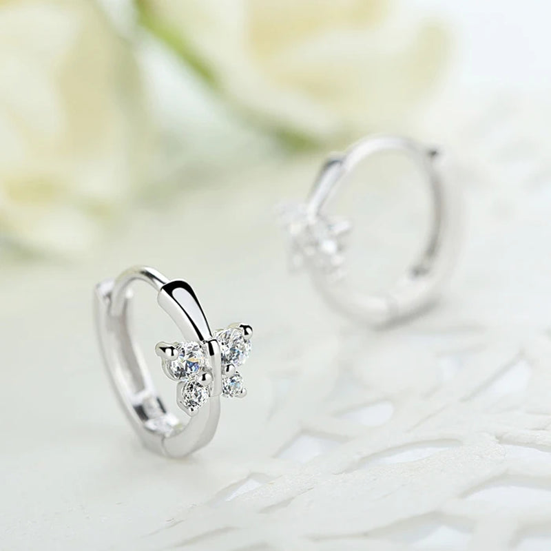 New Princess 925 Sterling Silver Butterfly Cubic Zirconia Small Hoop Huggie Earrings Fine Jewelry