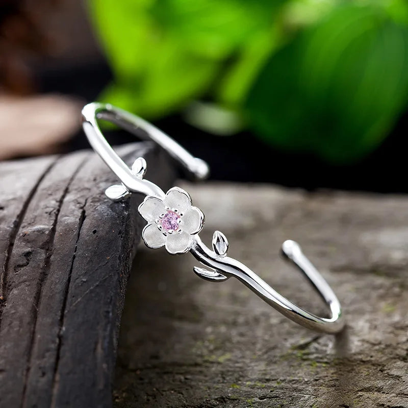 New 925 Sterling Silver Crystal Cherry Flowers Bracelet Fine Jewelry