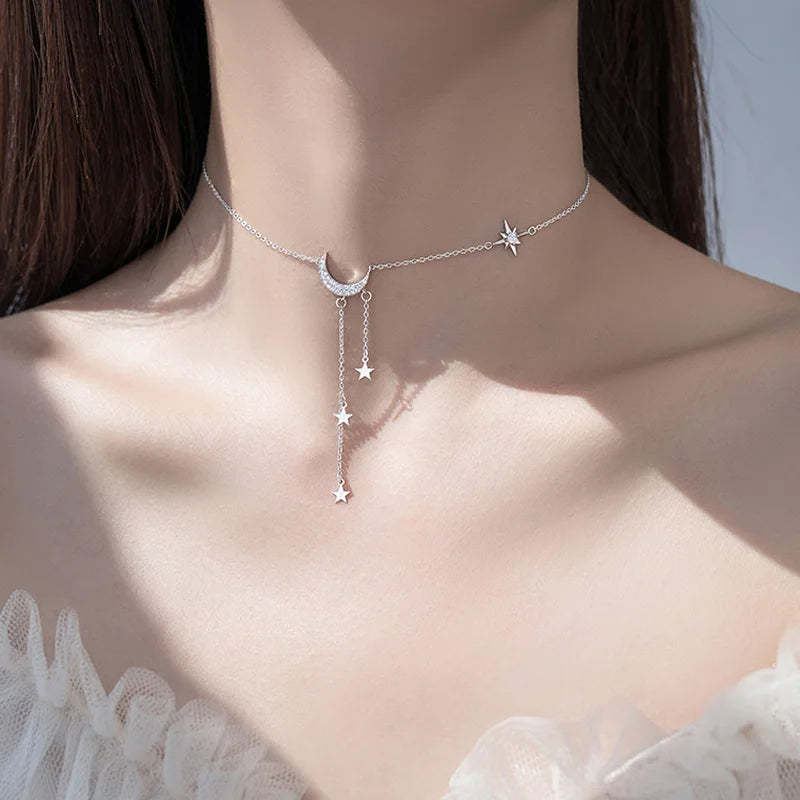 925 Sterling Silver Star Moon Necklace Tassel Collarbone Chain Sparkling AAA Zircon Pendant Fine Jewelry