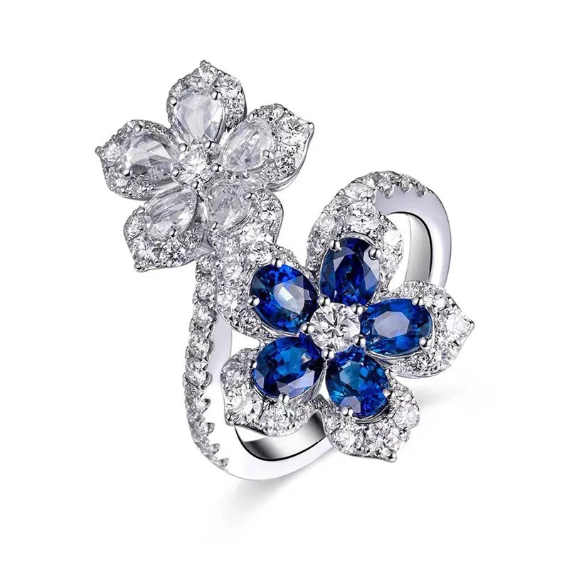 925 Sterling Silver Blue Zircon Crystal Adjustable Twisted Leaves Flowers Ring Fine Jewelry