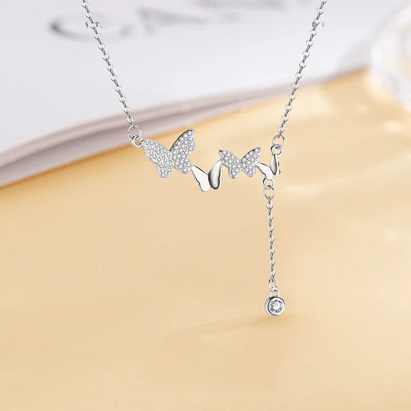 Fine 925 Sterling Chain Silver Butterfly Necklace Fashionable Tassel Collarbone Jewelry