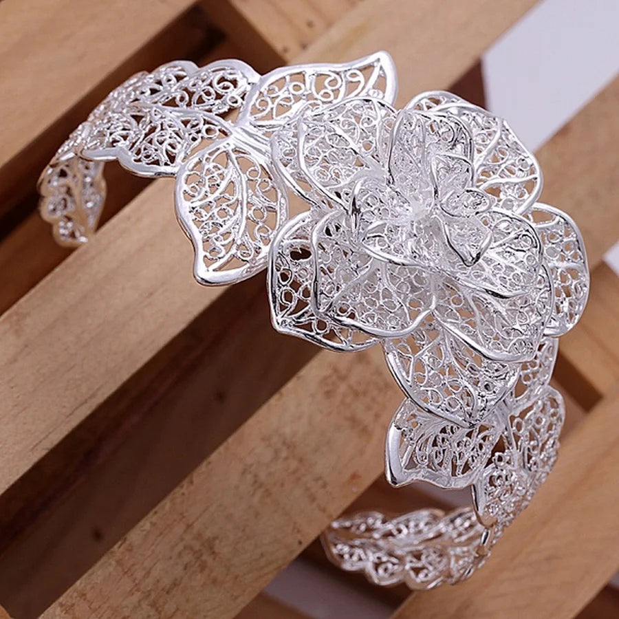 New 925 Sterling Silver Bangle Bracelet Hollow Flowers
