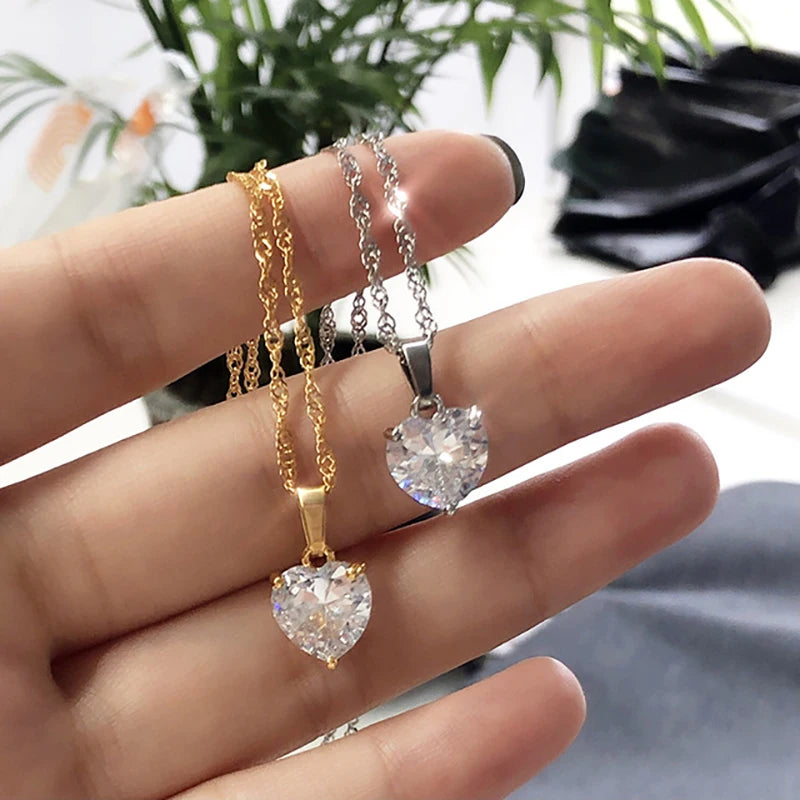 Heart Necklaces for Women Stainless Steel Gold Plated Chain Zircon Heart Pendant Choker Necklace Wedding Boho Jewelry Gift Femme