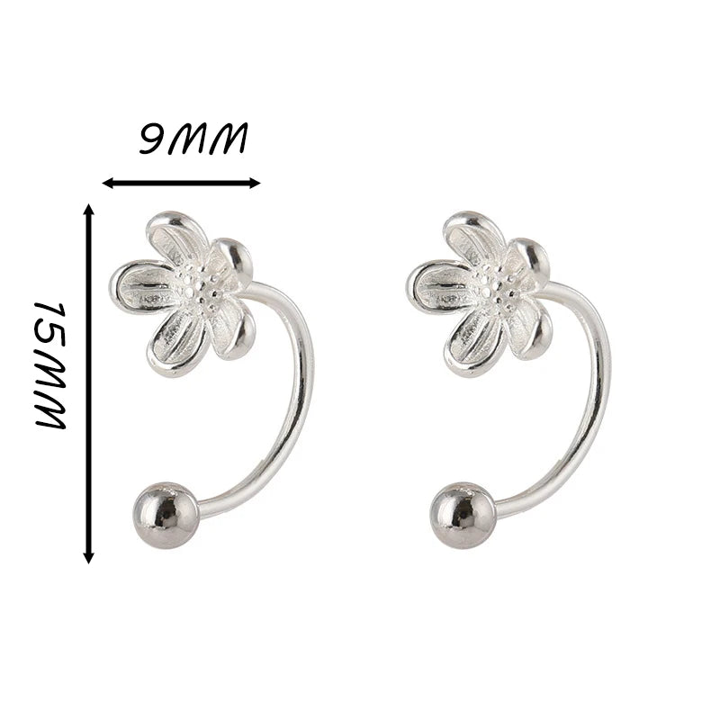 Silver Color Flower Screw Puncture Stud Earrings Fashion Jewelry Light Luxury Minimalist Accessories