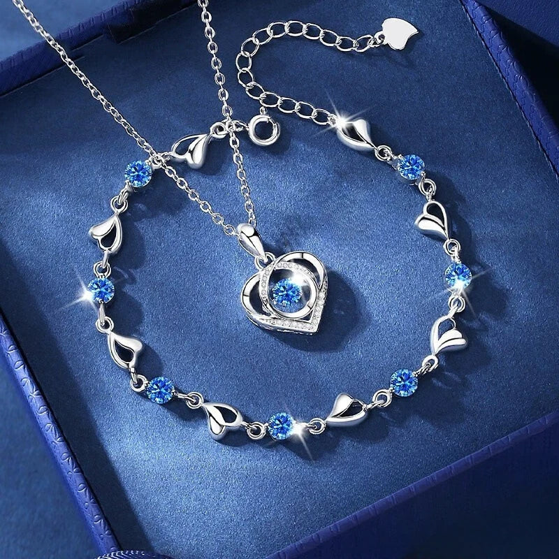 925 Sterling Silver Heart Shaped Necklace Bracelet Set Vintage Korean Blue Crystal Bracelets Jewelry Set