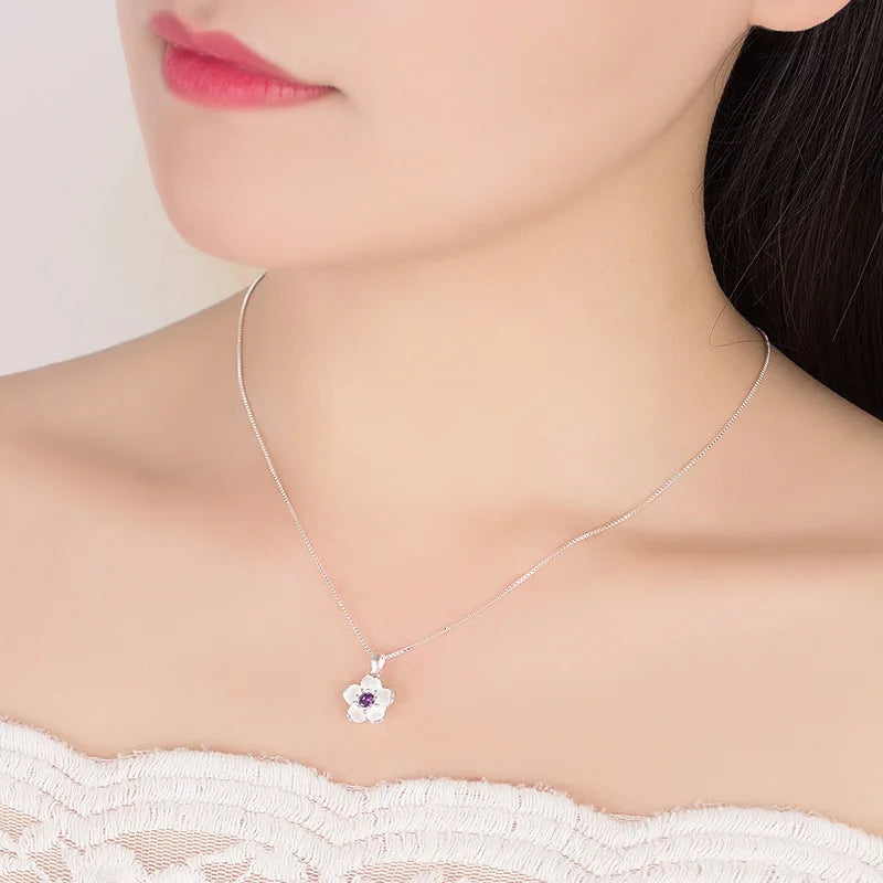 925 Sterling Silver Pink Purple Peach Blossom Necklace Retro Luxury Jewelry Accessorie