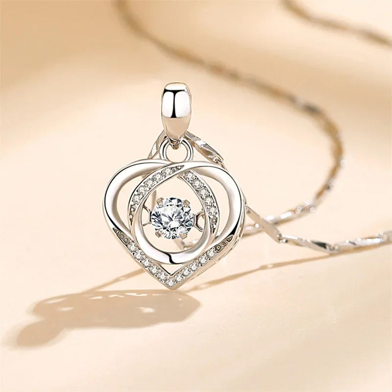 925 Sterling Silver Heart Shaped Necklace Bracelet Set Vintage Korean Blue Crystal Bracelets Jewelry Set