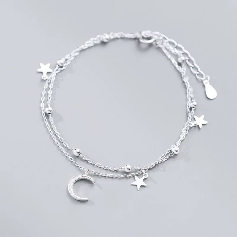 Sparking 925 Sterling Silver Star Moon Bracelets Vintage Crystal Bracelets Charm Jewelry