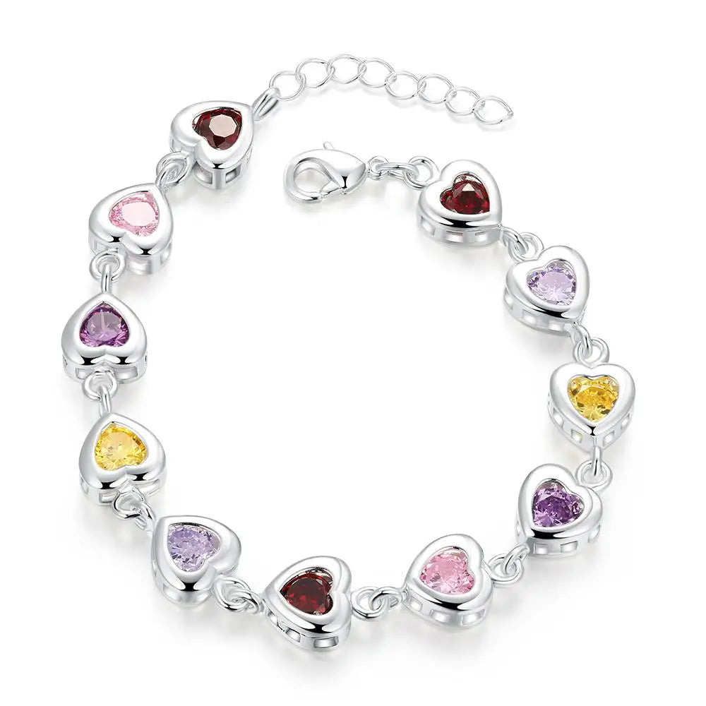 Solid 925 Sterling Silver Chain Beautiful Colors Crystal Zircon Stone Bracelet