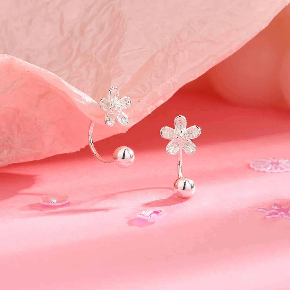Silver Color Flower Screw Puncture Stud Earrings Fashion Jewelry Light Luxury Minimalist Accessories