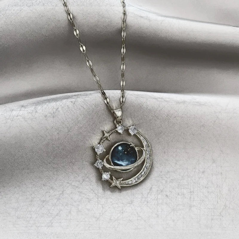 Stainless Steel Star Moon Planet Necklace Stylish Starry Sky Clavicle Chain Delicate Jewelry Gift for Women