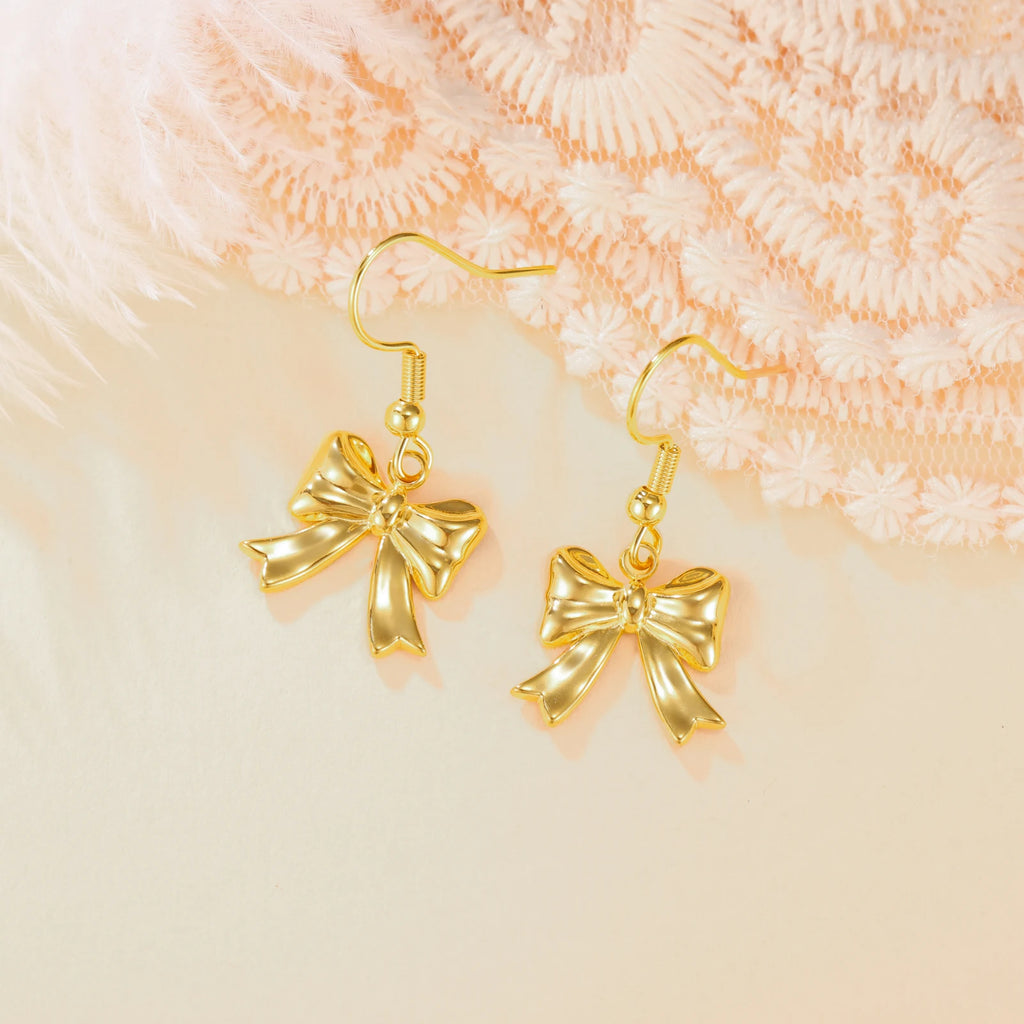 Kpop Bowknot Dangle Earrings for Women Trendy Stainless Steel Earrings Steel Gold Color