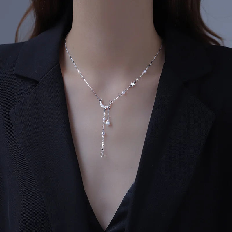 925 Sterling Silver Star Moon Necklace Pearl Tassel Collarbone Chain Sparkling Zircon Pendant