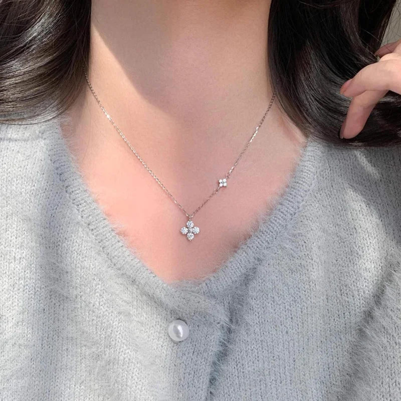 925 Sterling Silver 14K Gold Plated Dainty Lucky CZ Leaf Flower Pendant Necklace