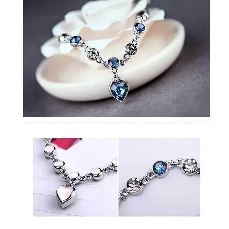 925 Silver Lucky Bracelet Blue Crystal Heart Charm Bracelet Fine Jewelry