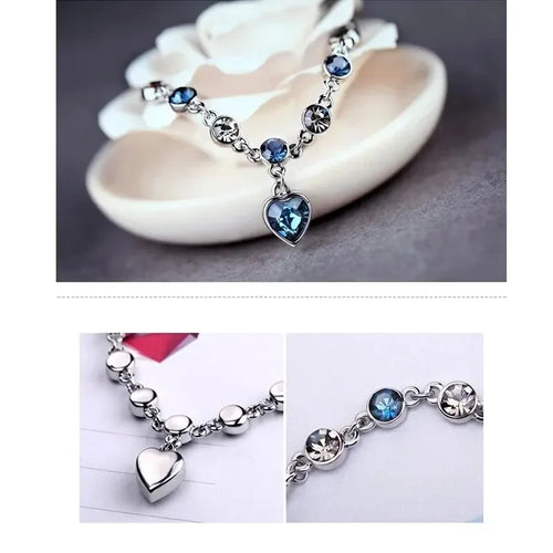 925 Silver Lucky Bracelet Blue Crystal Heart Charm Bracelet Fine Jewelry