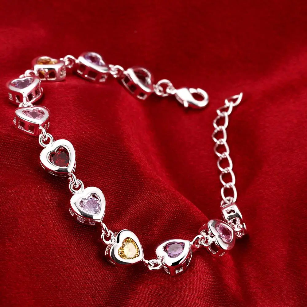 Solid 925 Sterling Silver Chain Beautiful Colors Crystal Zircon Stone Bracelet