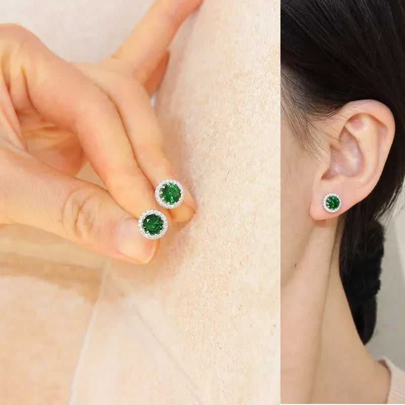 New 925 Sterling Silver Cute round Real Zircon Crystal Stud Earrings Fine Jewelry