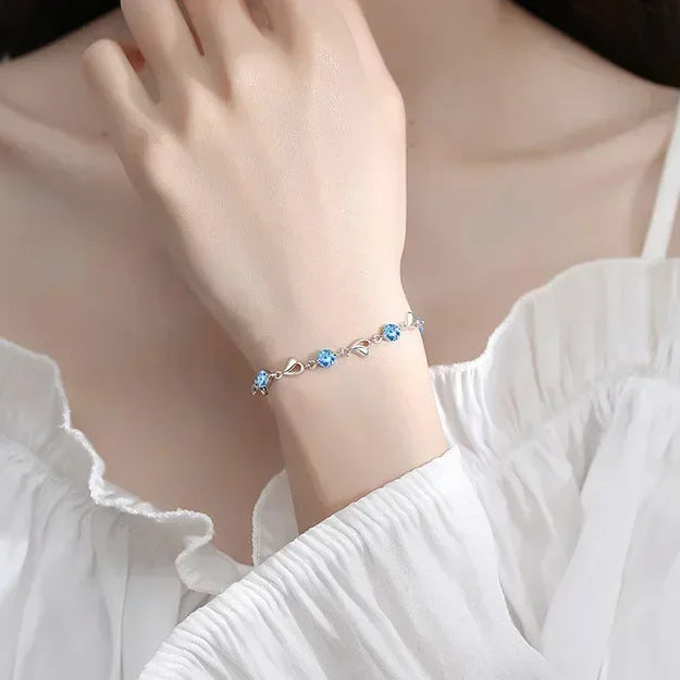925 Sterling Silver Heart Shaped Bracelet Pink Crystal Charm Bracelets Jewelry