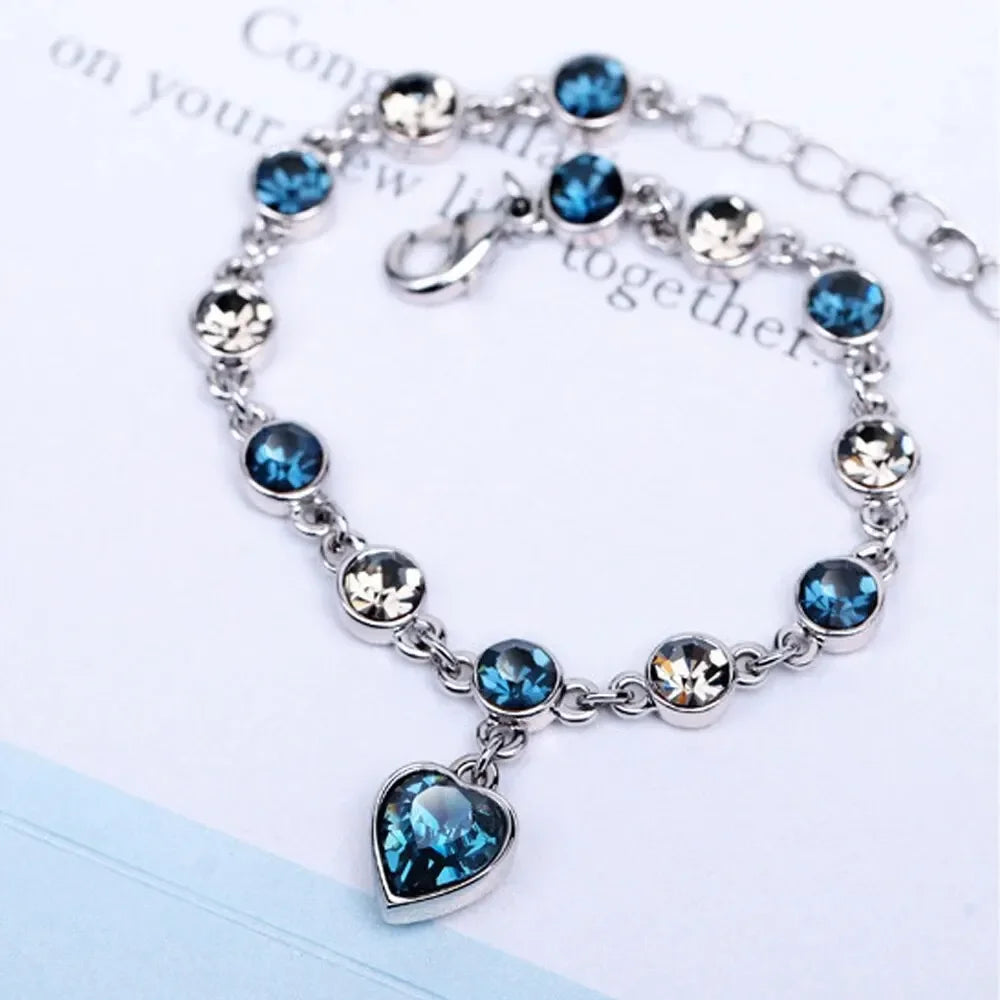 925 Silver Lucky Bracelet Blue Crystal Heart Charm Bracelet Fine Jewelry