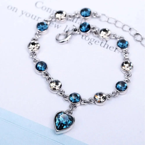 925 Silver Lucky Bracelet Blue Crystal Heart Charm Bracelet Fine Jewelry