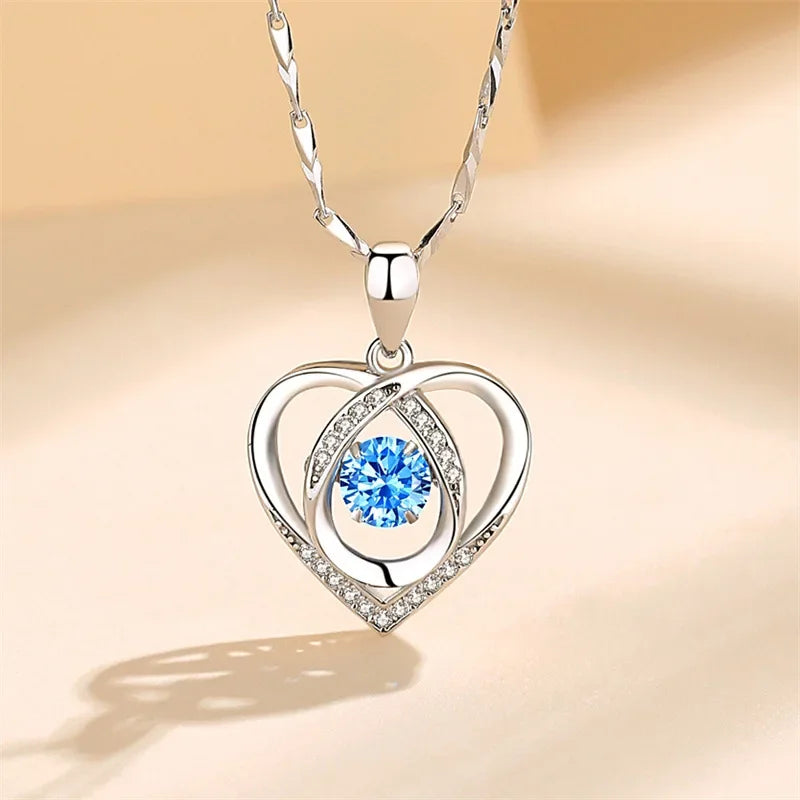 925 Sterling Silver Heart Shaped Necklace Bracelet Set Vintage Korean Blue Crystal Bracelets Jewelry Set