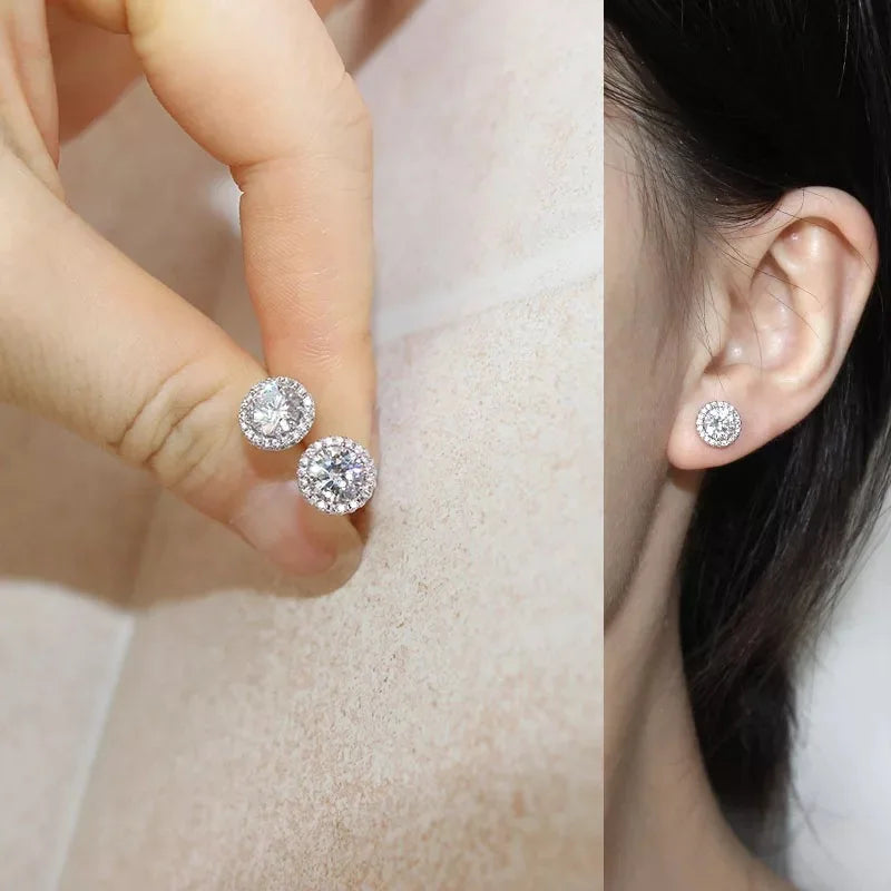 New 925 Sterling Silver Cute round Real Zircon Crystal Stud Earrings Fine Jewelry
