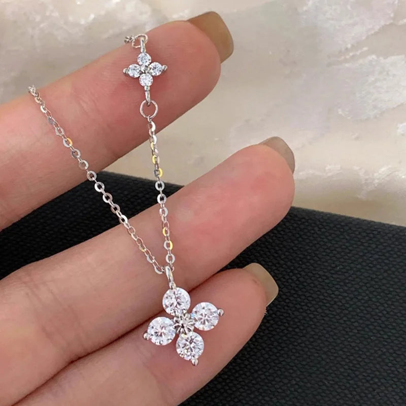 925 Sterling Silver 14K Gold Plated Dainty Lucky CZ Leaf Flower Pendant Necklace