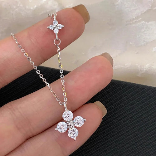 925 Sterling Silver 14K Gold Plated Dainty Lucky CZ Leaf Flower Pendant Necklace