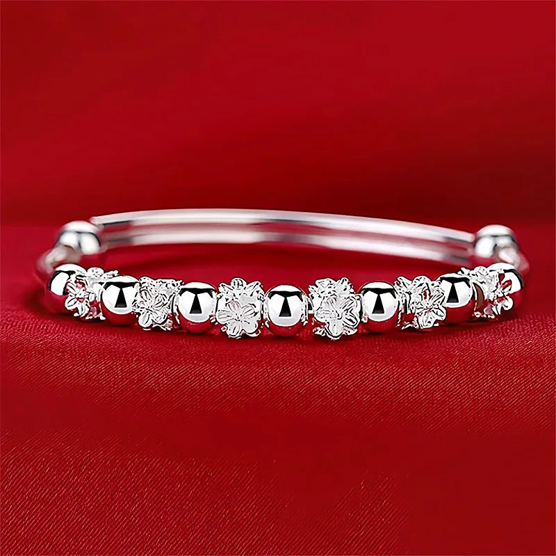 New 925 Sterling Silver Beaded Flowers Bangle Bracelet Fine Jewelry