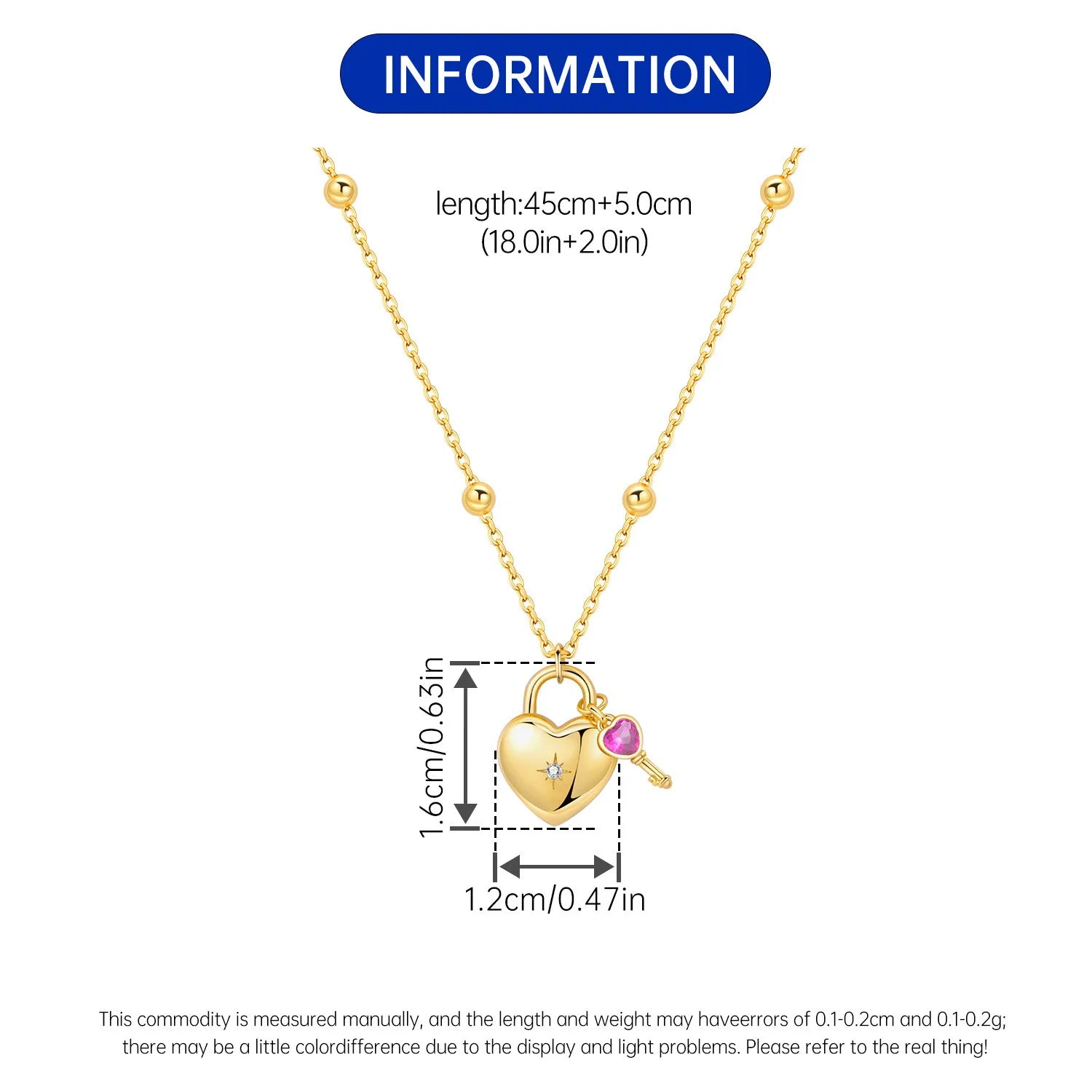 925 Sterling Silver 18K Gold Heart-Shaped Lock Key Necklace Pendant Necklace Jewelry