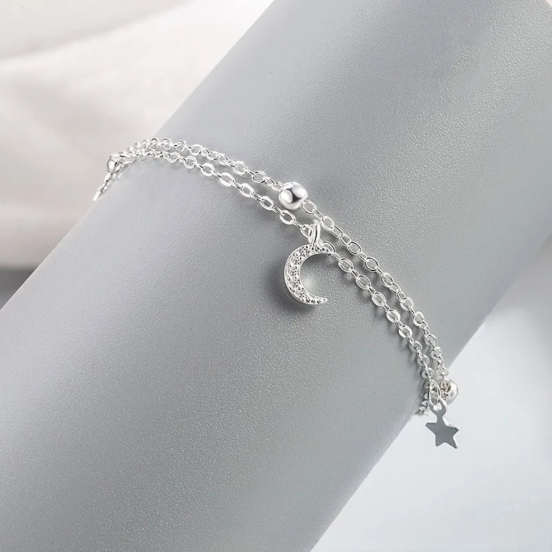 Sparking 925 Sterling Silver Star Moon Bracelets Vintage Crystal Bracelets Charm Jewelry