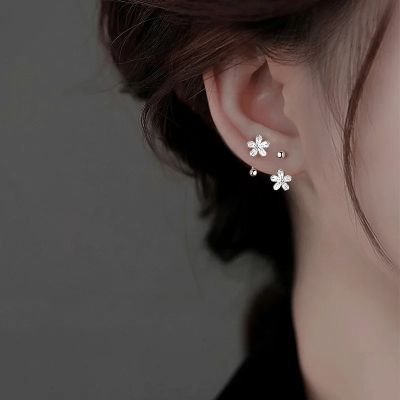 Silver Color Flower Screw Puncture Stud Earrings Fashion Jewelry Light Luxury Minimalist Accessories