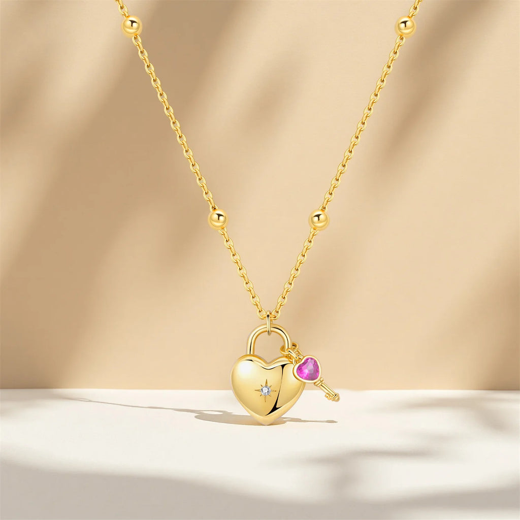 925 Sterling Silver 18K Gold Heart-Shaped Lock Key Necklace Pendant Necklace Jewelry