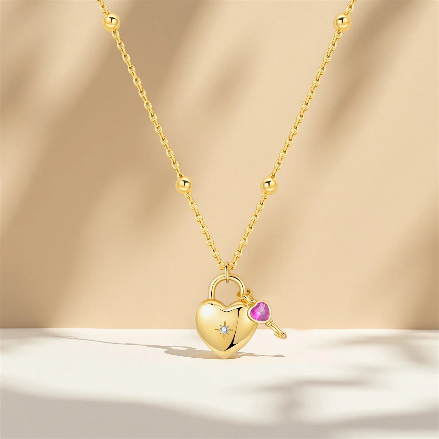 925 Sterling Silver 18K Gold Heart-Shaped Lock Key Necklace Pendant Necklace Jewelry