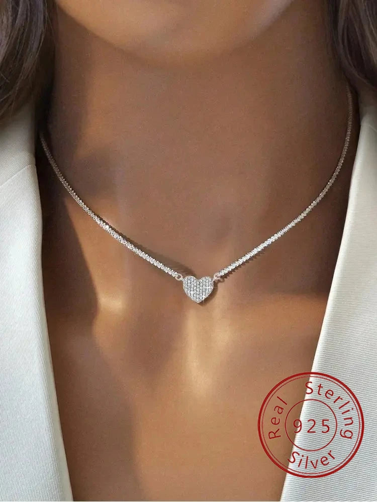 925 Sterling Silver Fashion Full Zircon Love Heart Necklace Luxury High Quality Fine Jewelry