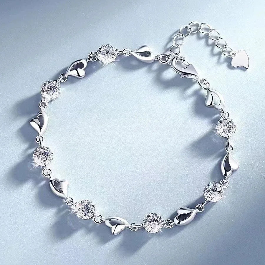 925 Sterling Silver Heart Shaped Bracelet Pink Crystal Charm Bracelets Jewelry