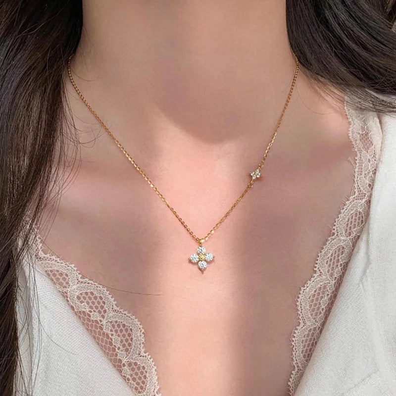 925 Sterling Silver 14K Gold Plated Dainty Lucky CZ Leaf Flower Pendant Necklace