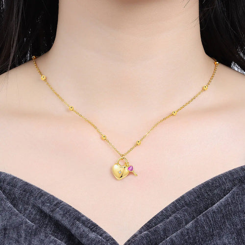 925 Sterling Silver 18K Gold Heart-Shaped Lock Key Necklace Pendant Necklace Jewelry