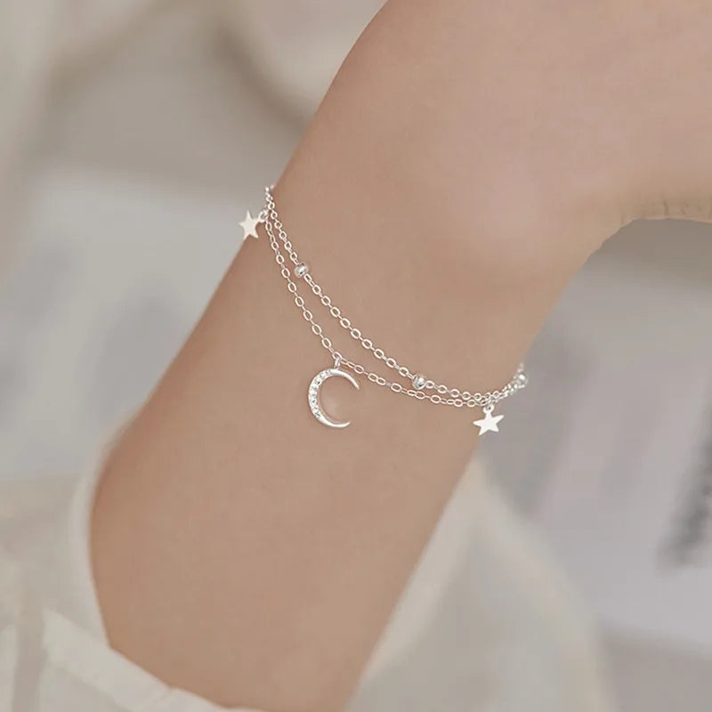 Sparking 925 Sterling Silver Star Moon Bracelets Vintage Crystal Bracelets Charm Jewelry