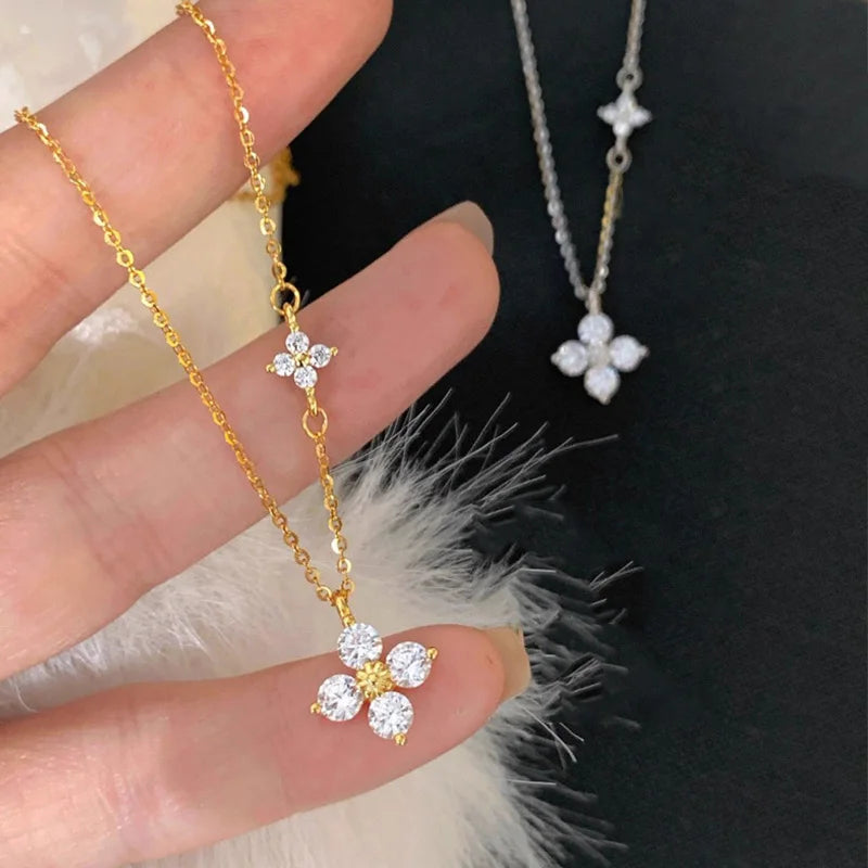 925 Sterling Silver 14K Gold Plated Dainty Lucky CZ Leaf Flower Pendant Necklace