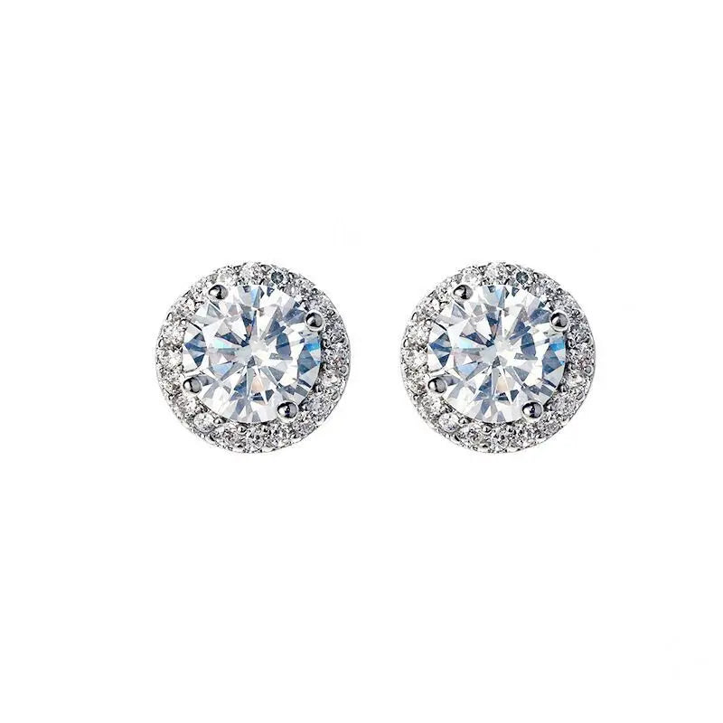 New 925 Sterling Silver Cute round Real Zircon Crystal Stud Earrings Fine Jewelry