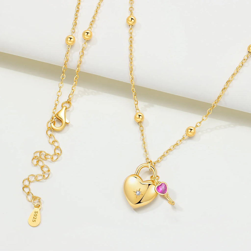 925 Sterling Silver 18K Gold Heart-Shaped Lock Key Necklace Pendant Necklace Jewelry