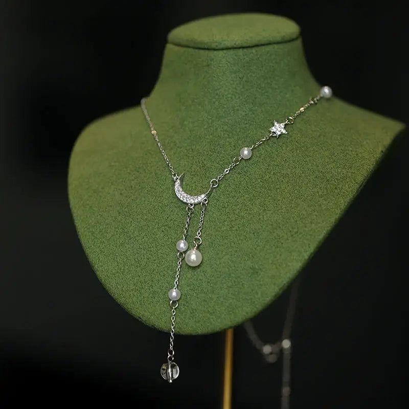925 Sterling Silver Star Moon Necklace Pearl Tassel Collarbone Chain Sparkling Zircon Pendant