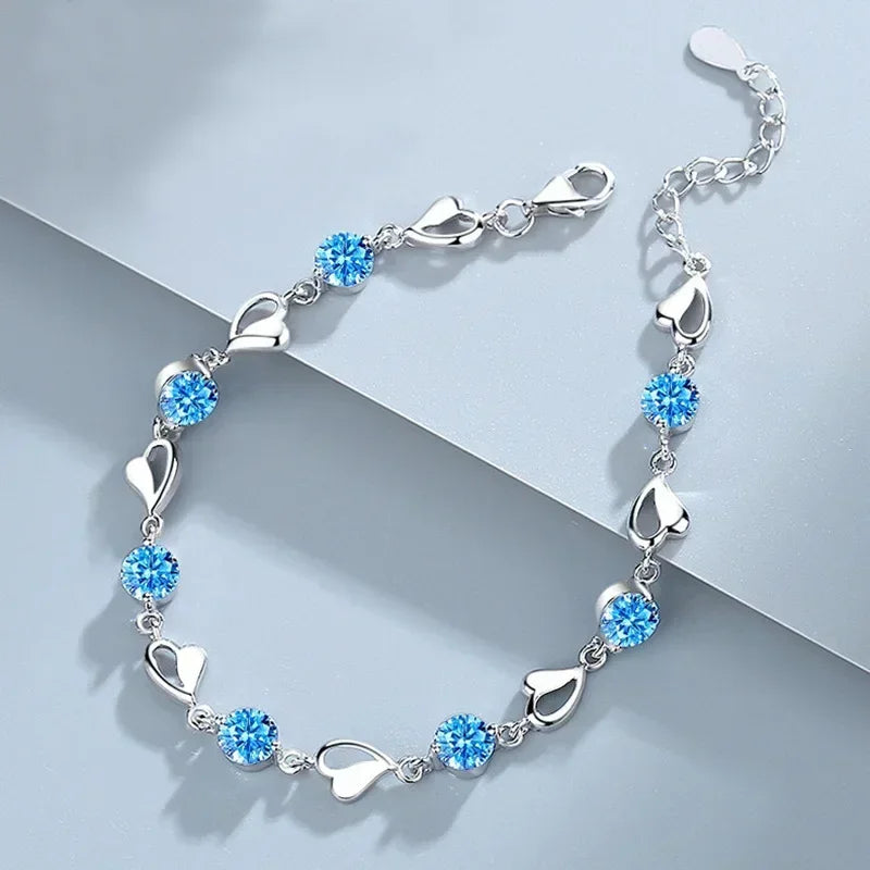 925 Sterling Silver Heart Shaped Bracelet Pink Crystal Charm Bracelets Jewelry