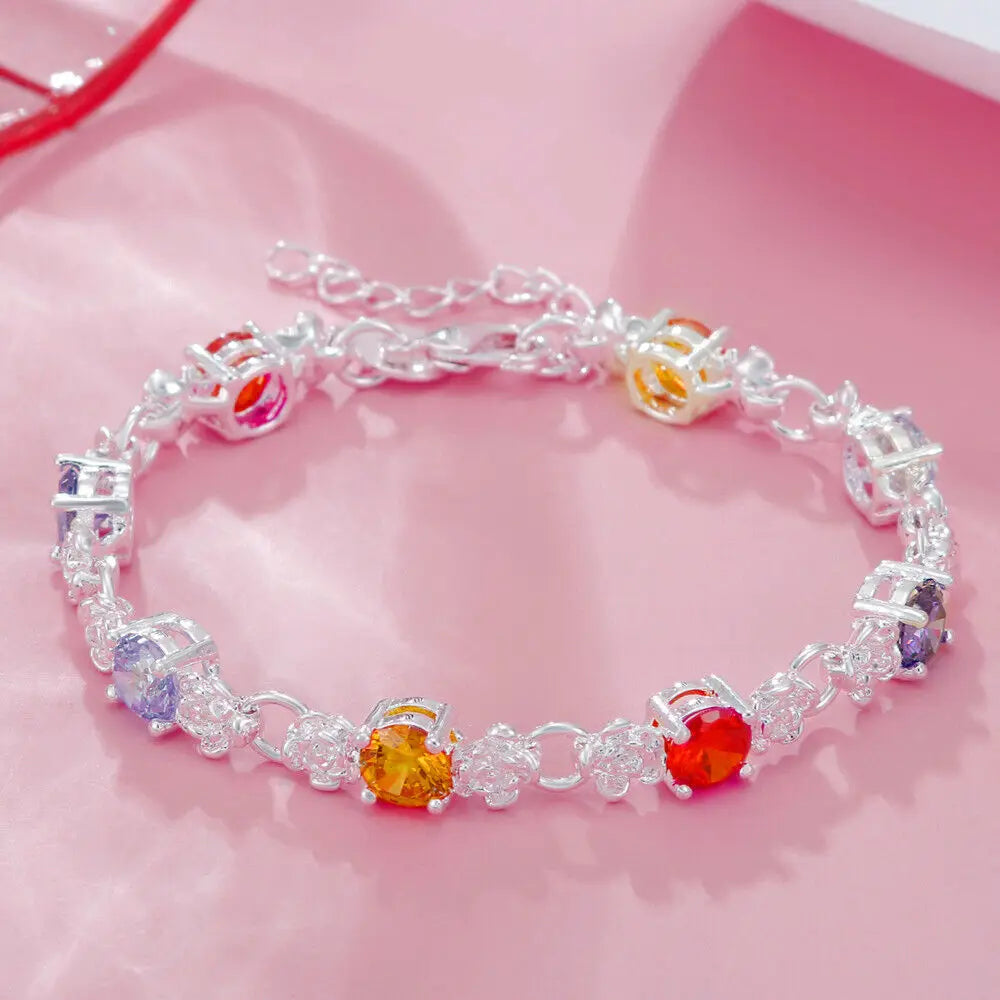 925 Sterling Silver Classy Colored Crystal Bracelet Jewelry